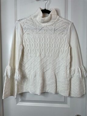 White House Black Market Cream Cable-Knit Turtleneck with Fringe Sleeve